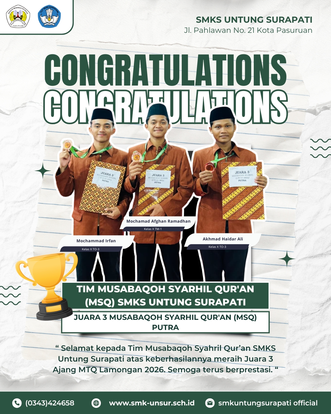 Siswa SMK Untung Surapati Raih Juara 3 Musabaqoh Syarhil Qur'an (MSQ) di Ajang MTQ Lamongan 2026